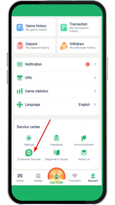 Click on customer service in the account section
