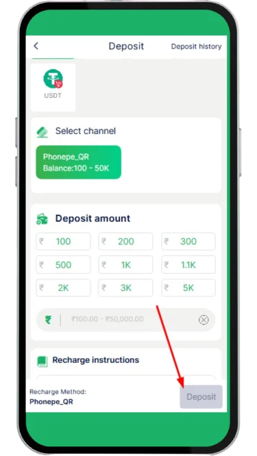 Click on the deposit button to complete payment