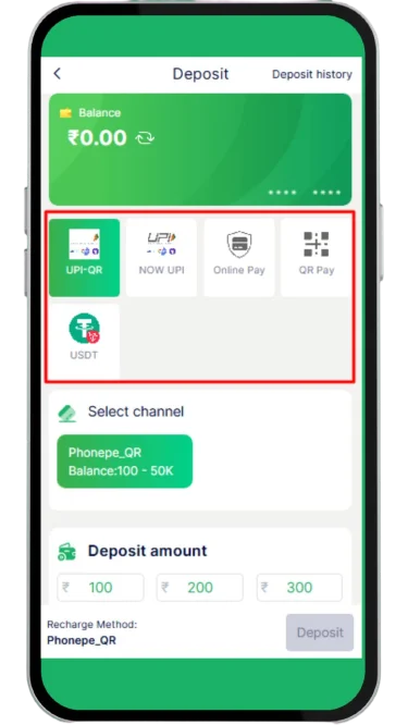 Select the deposit payment method