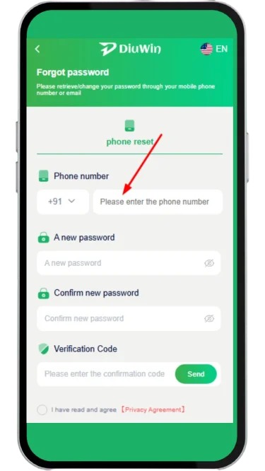 Type in your mobile number to reset password